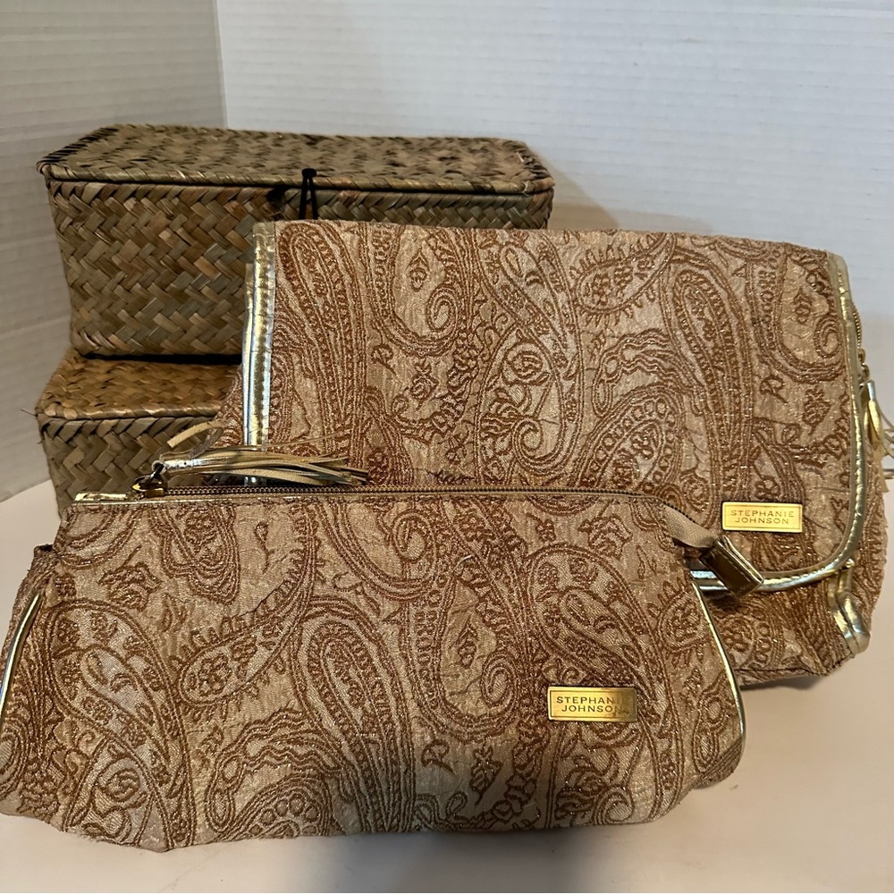 Set of 2 Cosmetic Bags with Plastic Lining and Gold Threading Detail